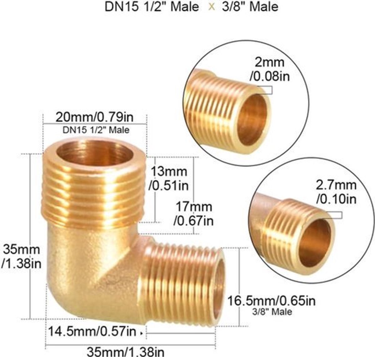 Schroefdraadfittingen Messing buis 90 graden connectoren slang fitting BSP mannelijke binnendraad olie gas elleboog koppeling (DN15 1/2 inch x 3/8" mannelijk)