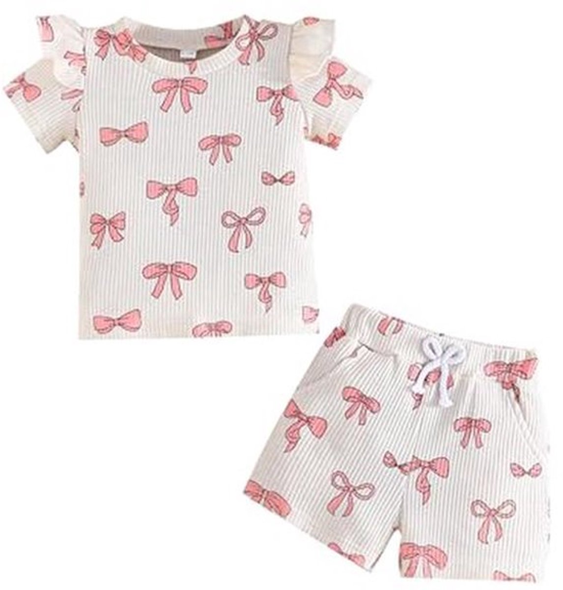 Peuter Meisje Zomer Kleding Set met Korte Mouwen en Strikprint