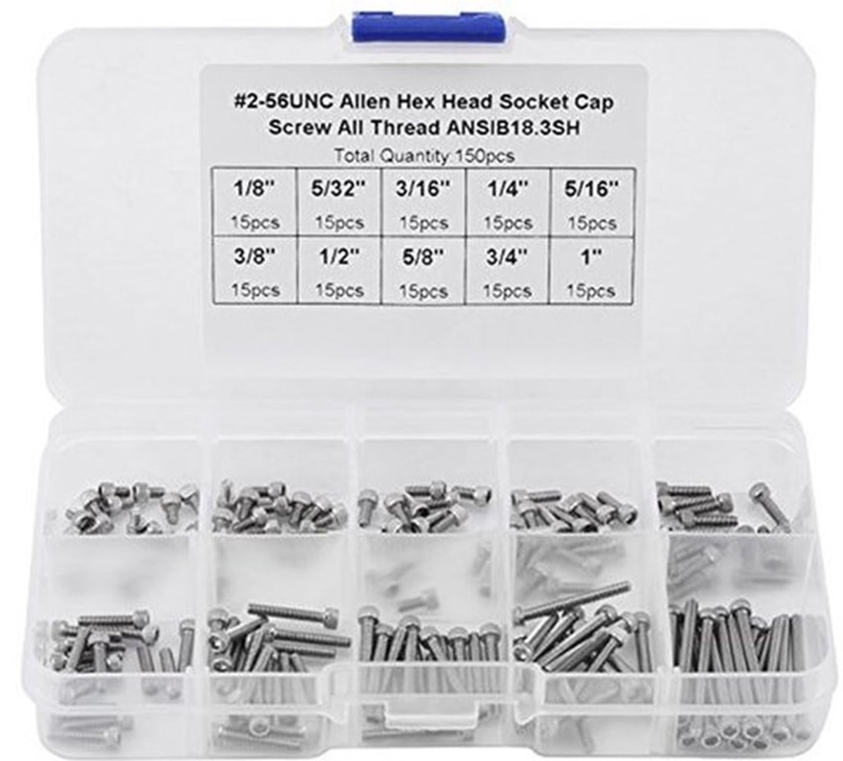 150 Stuks Schroeven - 9 Maten Inbus Schroeven - Assortimentset Met Plastic Doos # 2-56 UNC