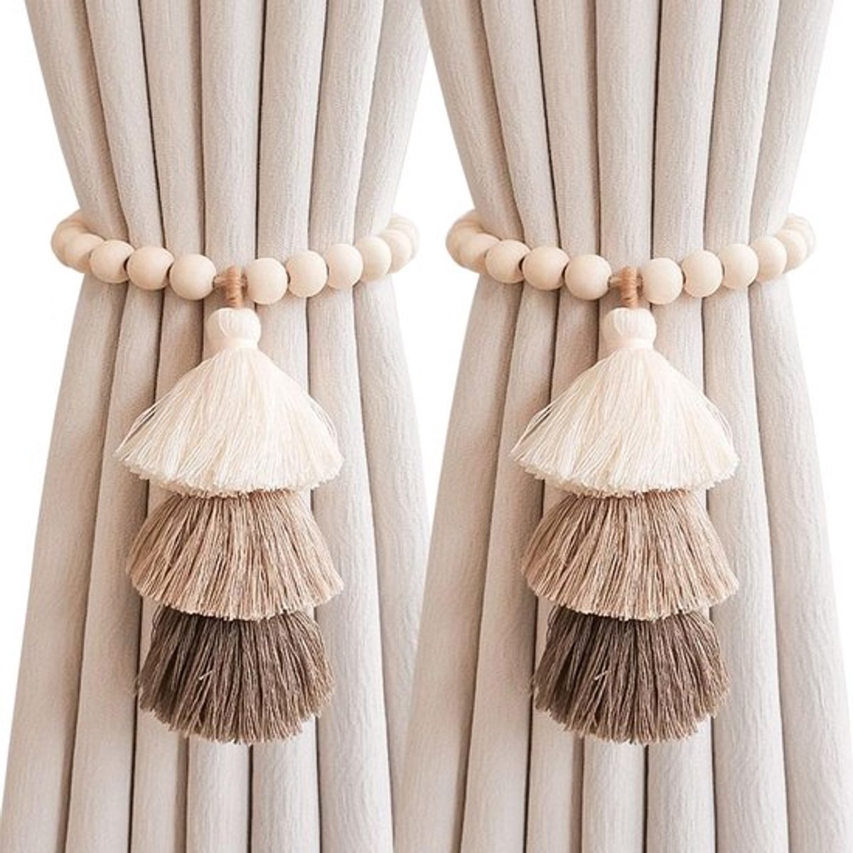 2 stuks houten kralengordijnstrikken, Boho kwastjessluiting, decoratief zonder gaten te maken (koffie)