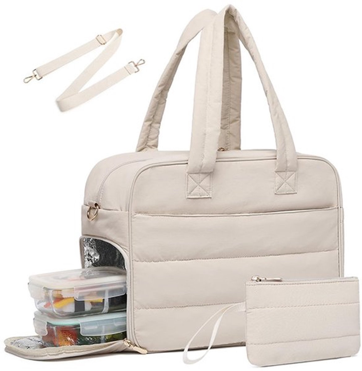 lunchtas dames voor werk – Lunchtas – koeltas - Laptoptas – Met geïsoleerd lunchvak – Maaltijdorganizer – Ruime Tote Bag – Functionele Handtas – 17,3 inch – Beige
