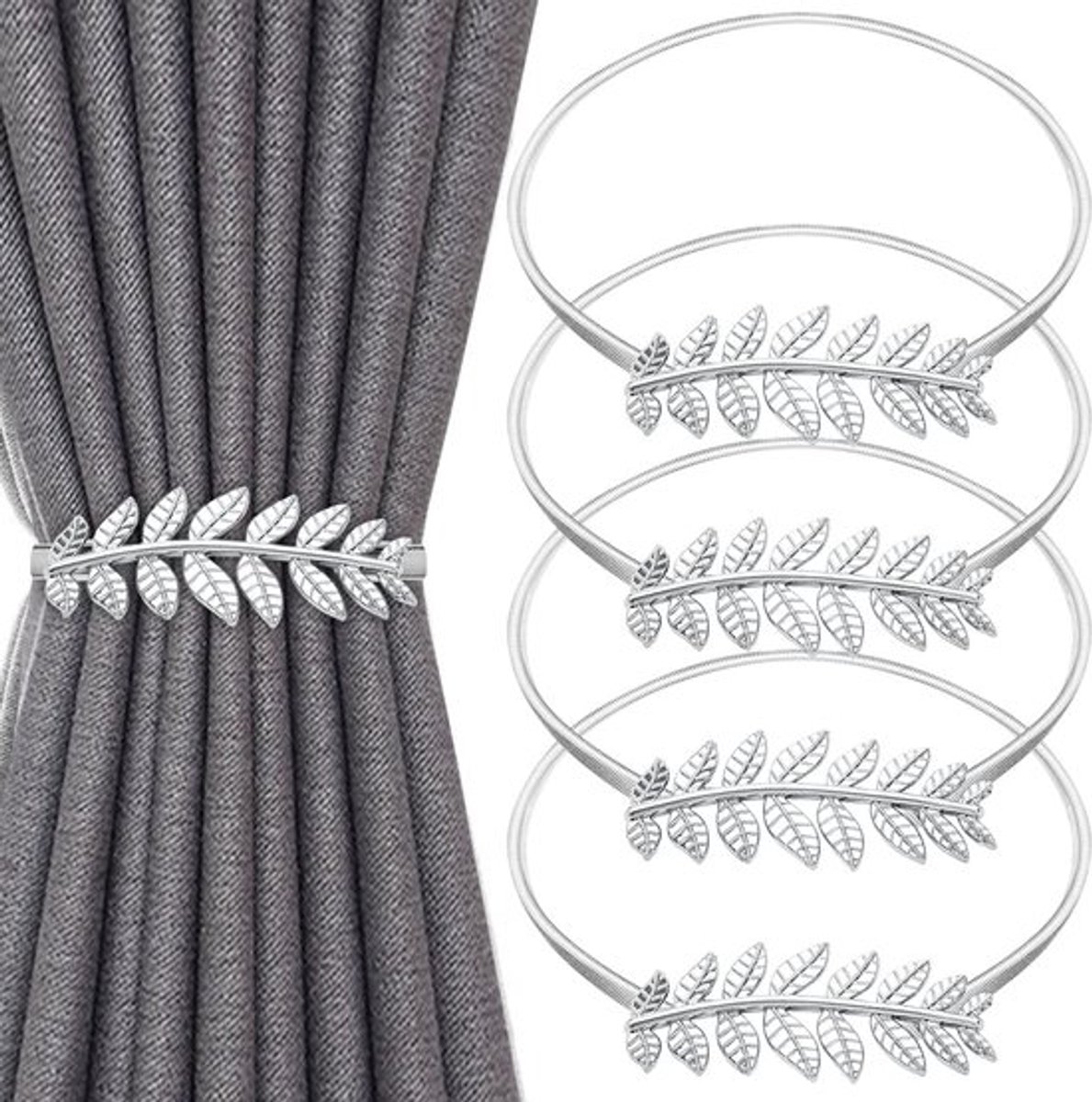 Gordijnstrikken - gordijngespen - schattige Gordijnhouder - blad gordijnstrikken - Decoratieve- Schattige gordijngespclips - Voor gordijndecoratie - zilver - Bladpatroon - Voor huis- en kantoordecoratie - 4stuks