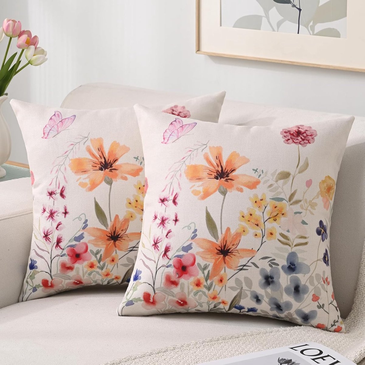 SnelShoppen - Set van 2 Waterdichte Kussenhoezen 40 x 40 cm | Decoratieve Kussens voor Tuin, Sofa en Woonkamer | Hoge Kwaliteit Linnen met Bloemen en
