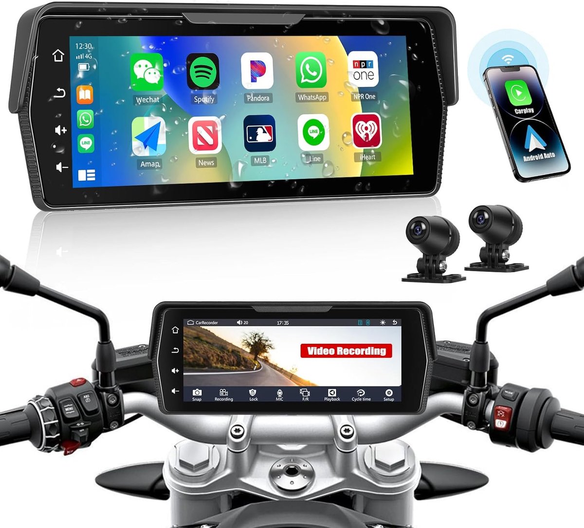 SnelShoppen - Motorfiets Dashcam met Dubbelfunctie, 6.86'' HD Touchscreen, IP68 Waterdicht, Bluetooth & WiFi, Carplay en Android Auto, Voor Voor- en A