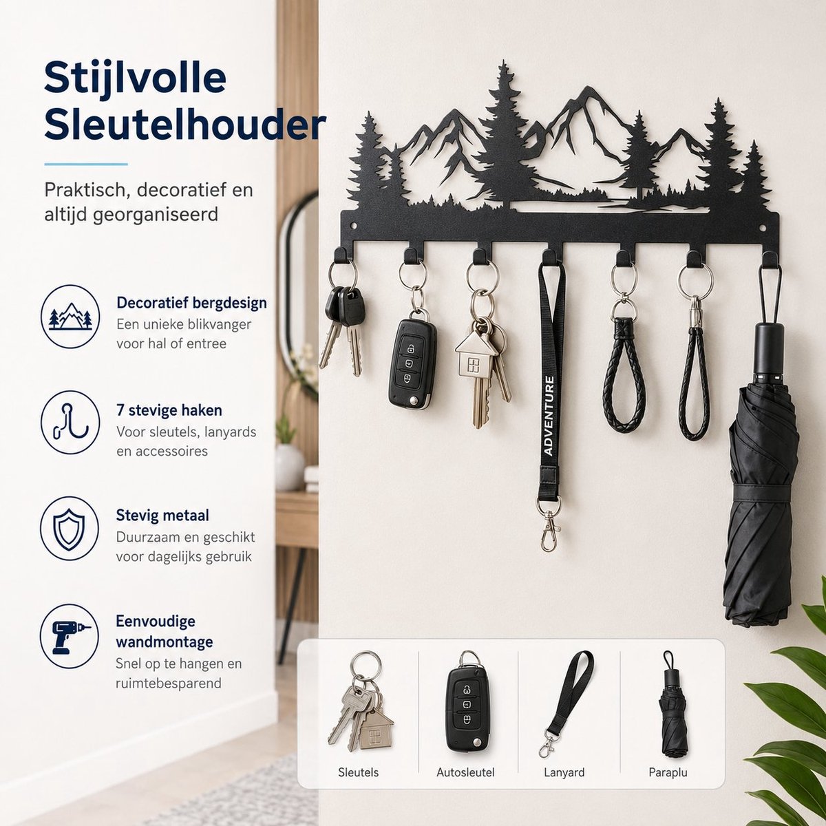 Arvion Sleutelrek Metalen Sleutelhouder 7 Haken Muur Zwart - Voor Hal, Entree, Keuken, Kantoor