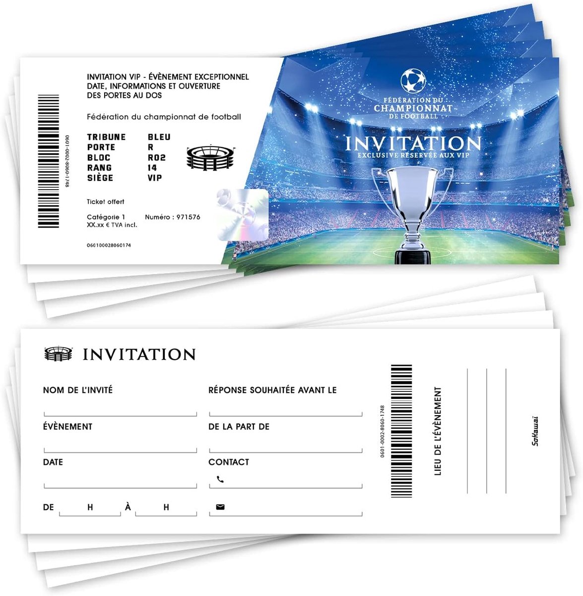 SnelShoppen - 12 Franse Verjaardagsuitnodigingen Voetbal Thema Stadiontoegangsticket Formaat - Kleurige Karton Uitnodigingen voor Feesten en Jubilea