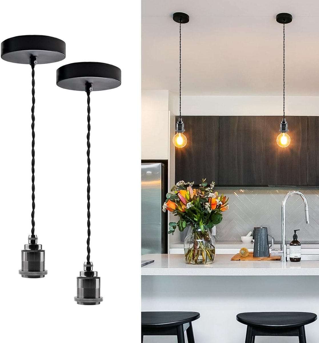 SnelShoppen - 2 Stuks Hanglampen Retro Met Kabel 150cm - Industrieel Design Met E27 Fitting - Zwart Keramisch & Metaal - Ideaal Voor Keuken, Woonkamer
