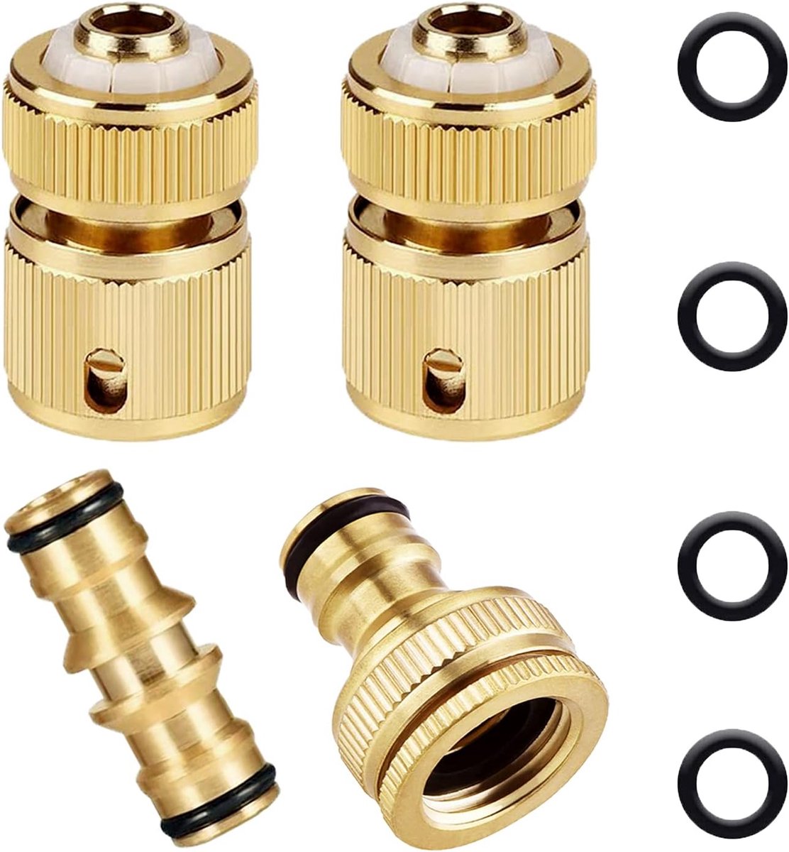 SnelShoppen - Brass Garden Hose Connector Kit - 2x 1/2" Slang Snelkoppelingen, 1 Dubbele Mannen Connector, 1 1/2" & 3/4" Kranen Adapter voor Tuin en B