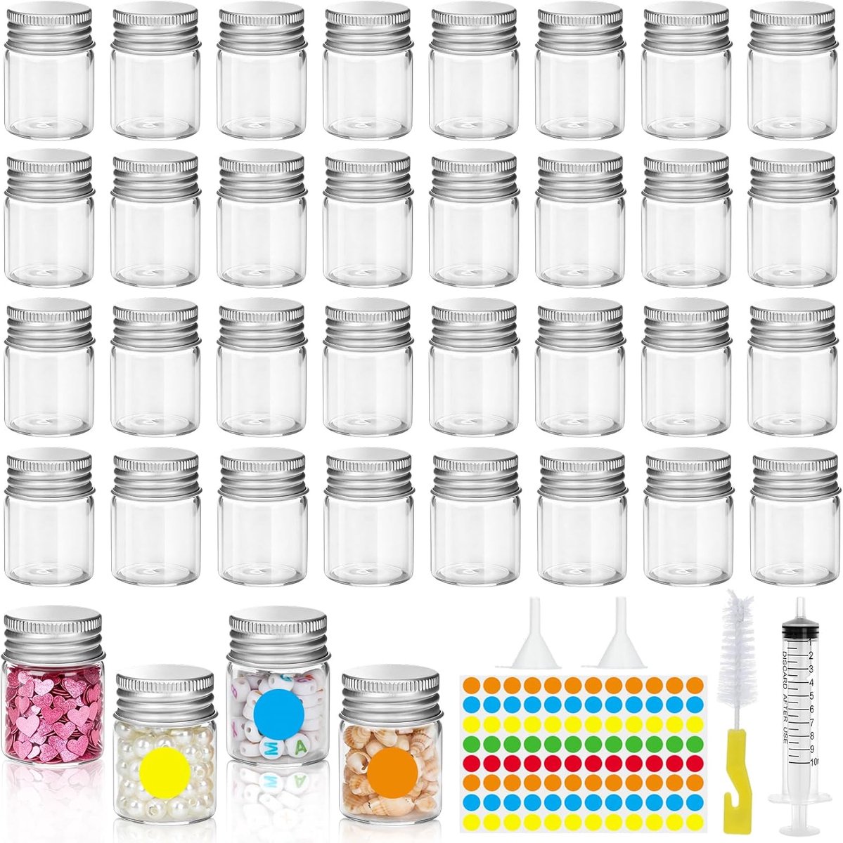 SnelShoppen - 36 Mini Glazen Vials 15ml met Aluminium Schroefdop en Accessoires - Ideaal voor DIY Decoraties, Feestjes, Camping, Keuken en Meer