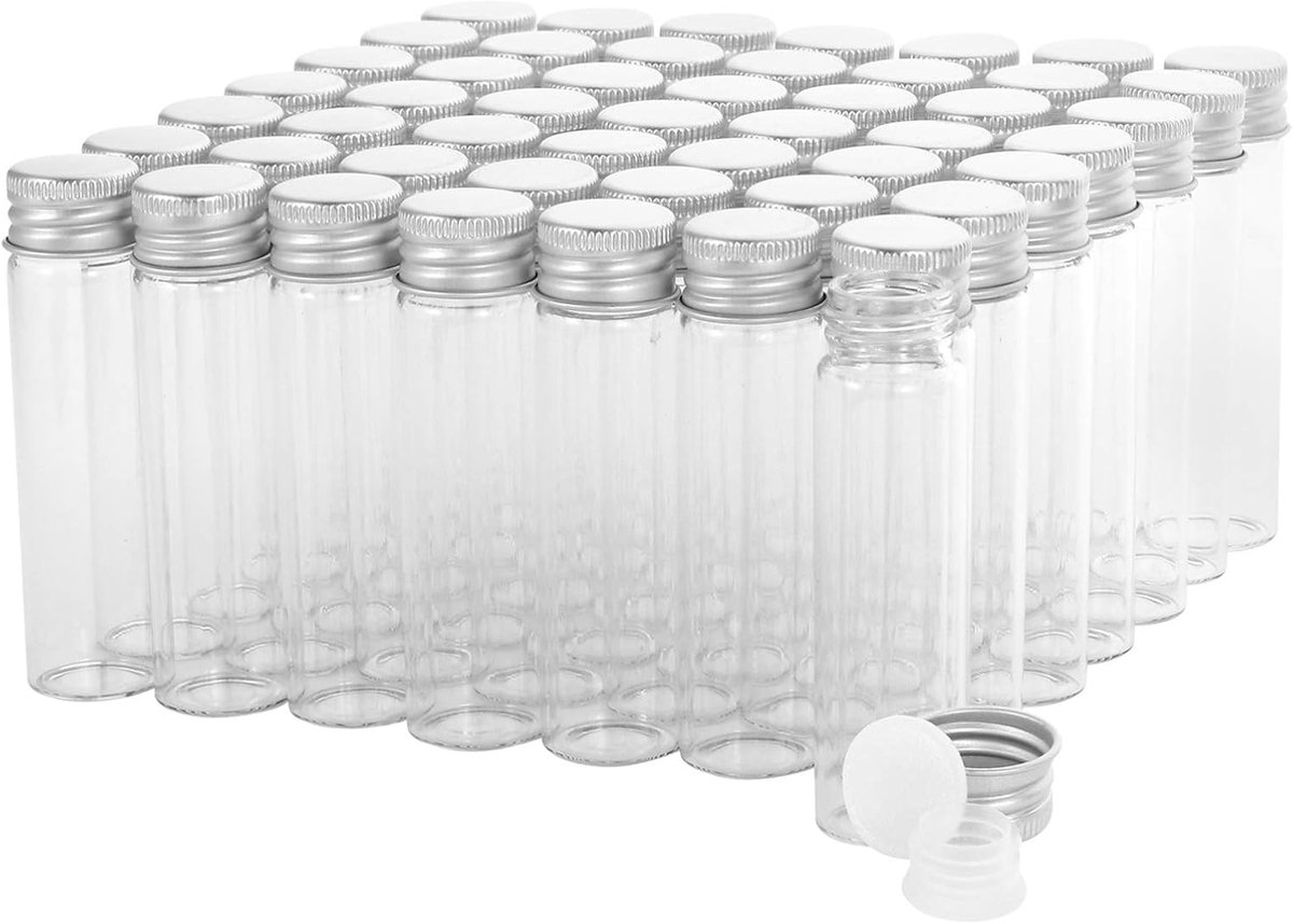 SnelShoppen - Pack van 50 Transparante Glazen Flessen met Schroefdop en Plastic Stopper, Lekvrije Flessen voor Vloeistoffen, Poeders, Monsters en Klei