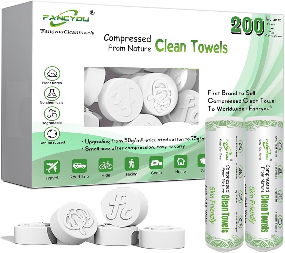 SnelShoppen - Compressed Handdoeken - Dikke Gecomprimeerde Handdoeken - Zachte Wegwerp Gezichtswassen - Katoenen Wipes - 200 Stuks Groen voor Reizen e