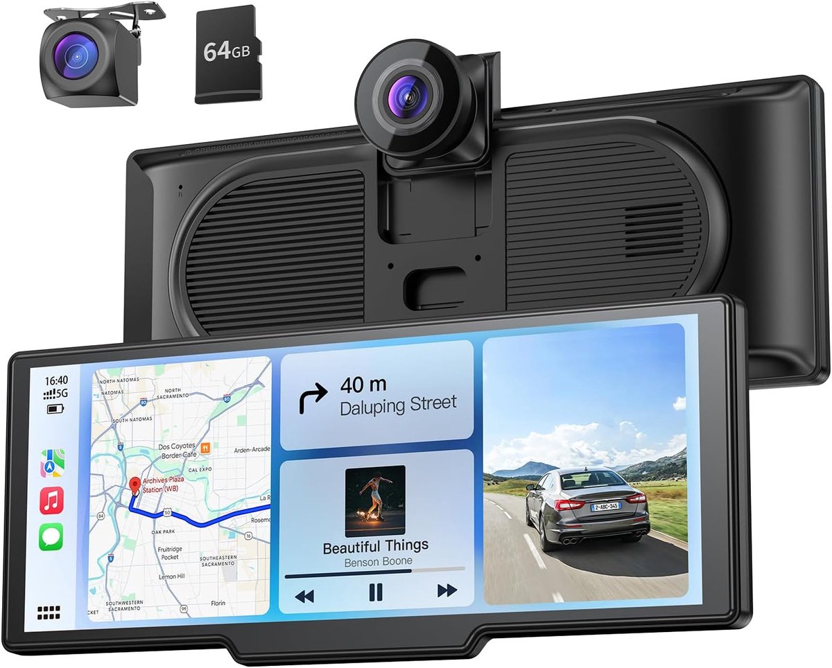 SnelShoppen - 9.26" Draadloze Draagbare Car Play-scherm met 4K Dual Dash Cam, Apple CarPlay, Android Auto, GPS Navigatie, Spraakbediening, Bluetooth 5