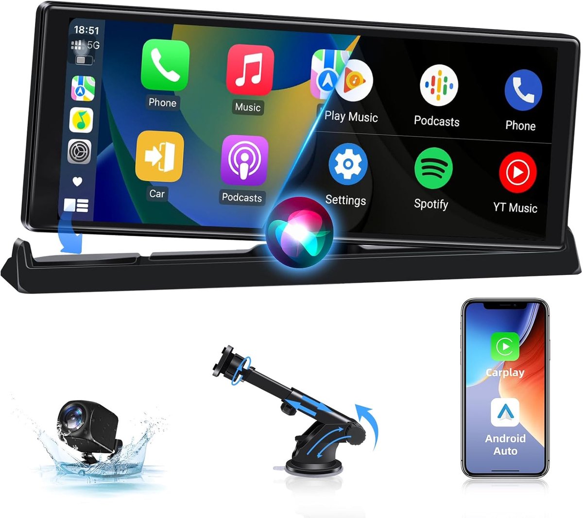 SnelShoppen - Carplay Android Auto Display met Bevestigingsstand, 10.26 Inch Touchscreen, Achteruitrijcamera, Bluetooth Navigatie, Siri & Google GPS