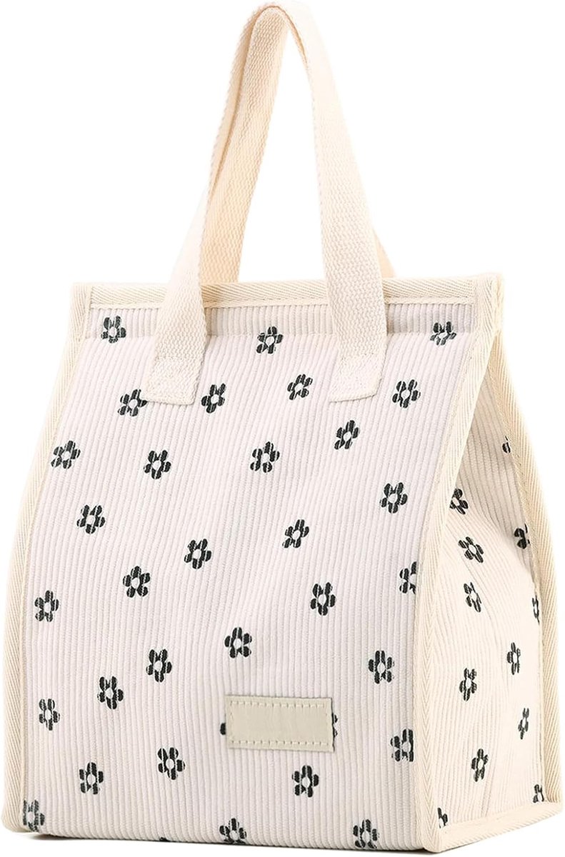 SnelShoppen - Lunchtas Met Bloemenpatroon In Crème Wit, Geïsoleerde Lunchbox, Herbruikbare Koeltas, Picknick Koeltas, Stijlvolle Lunch Tas Voor Kantoo