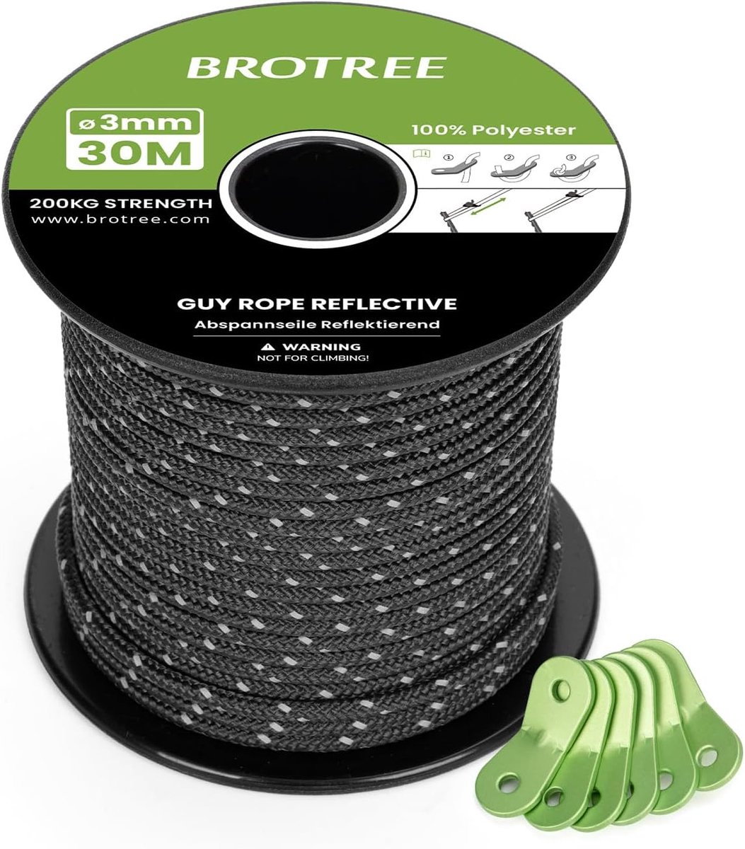 SnelShoppen - 30m Reflecterende Tenttouwen 3mm - Sterke 200KG Polyester Gidslijnen met 6 Aluminium Spanners voor Kamperen, Tenten, Partytenten, Gazebo