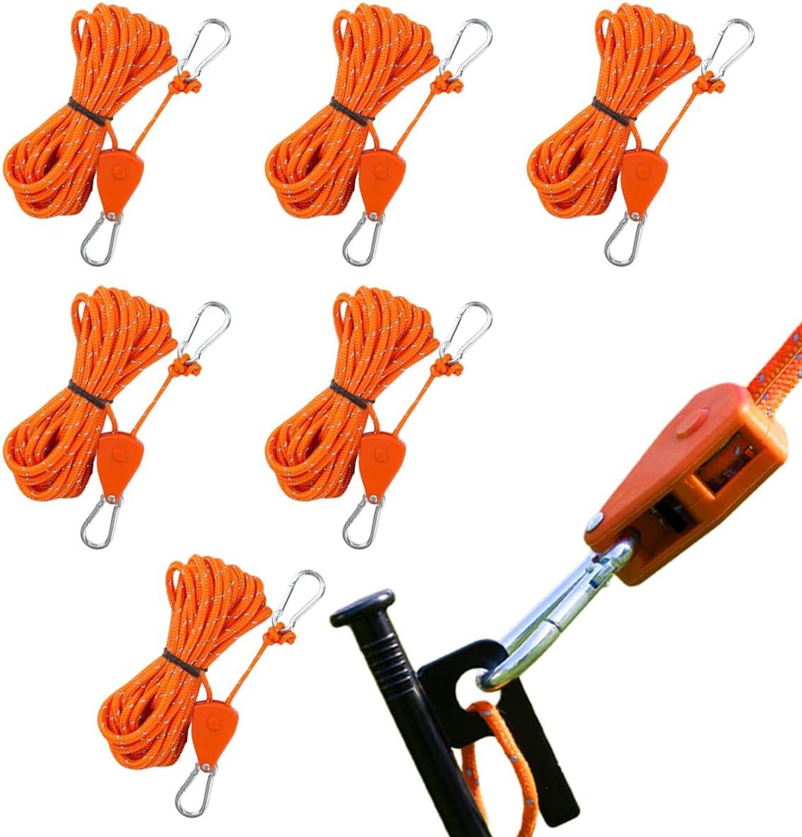 SnelShoppen - 6Pcs 4m Verstelbare Touw Ratchet Kabel Hanger met Haak, Winddichte Buiten Rope met Ratchet, Kabel Spanner, Lichtgewicht en Opvouwbaar vo
