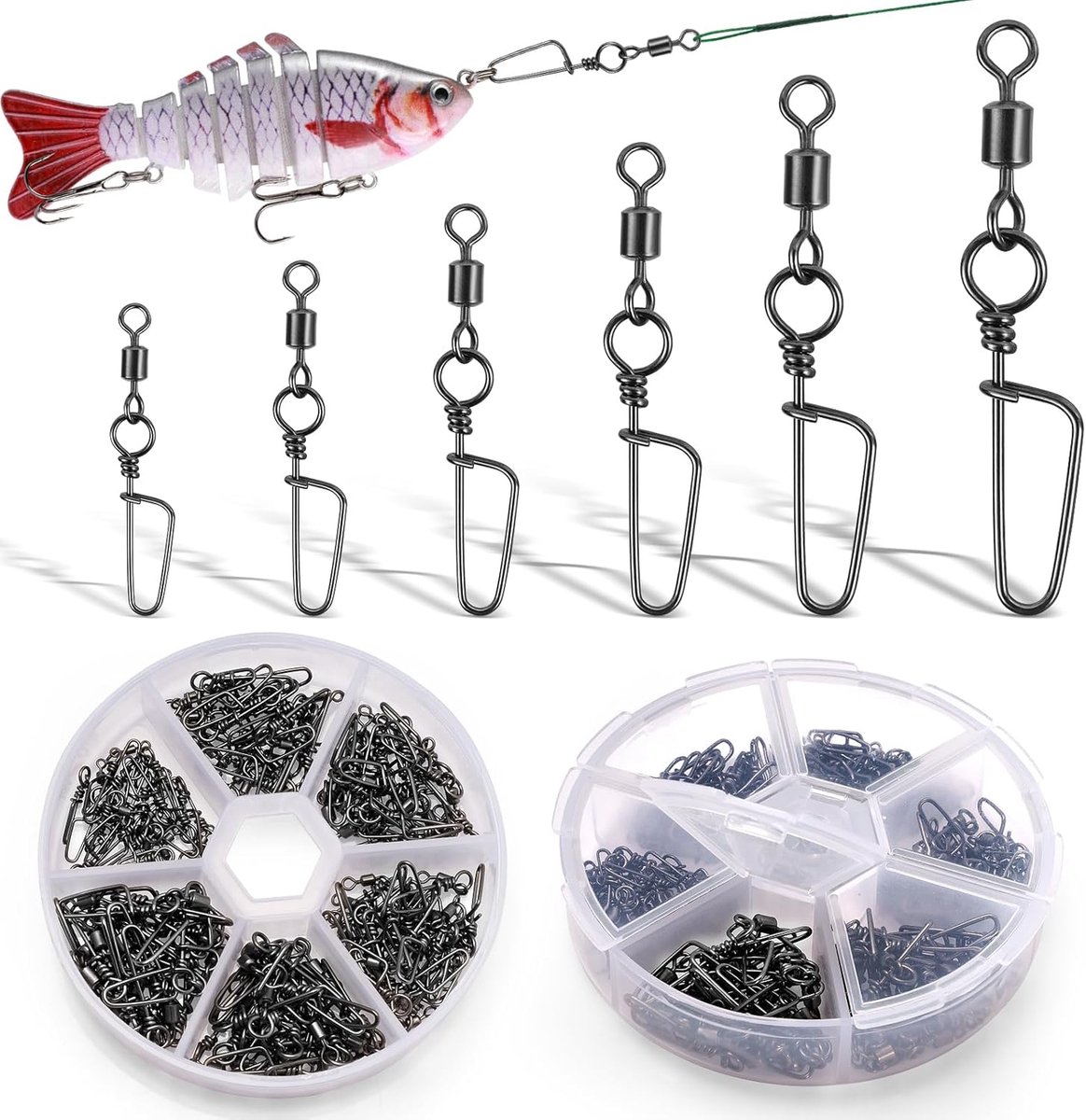 SnelShoppen - 120pcs Hoogwaardige Vis Swivels, RVS Snelle Koppeling, Corrosiebestendig, 6# 7# 8# 10# 12# 14#, Perfect voor Zoet- en Zoutwater