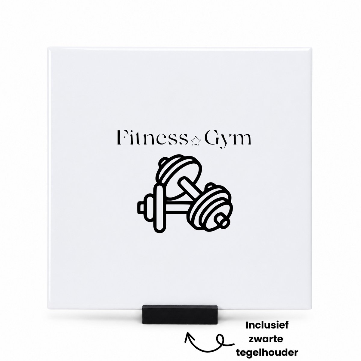 Hacebo Fitness tegeltje met tegelhouder - Fitness - De echte fitnessfanaten - tegeltjes met tekst - de echte strijder - discipline - sporter - spreuktegels - 15x15 CM Wit