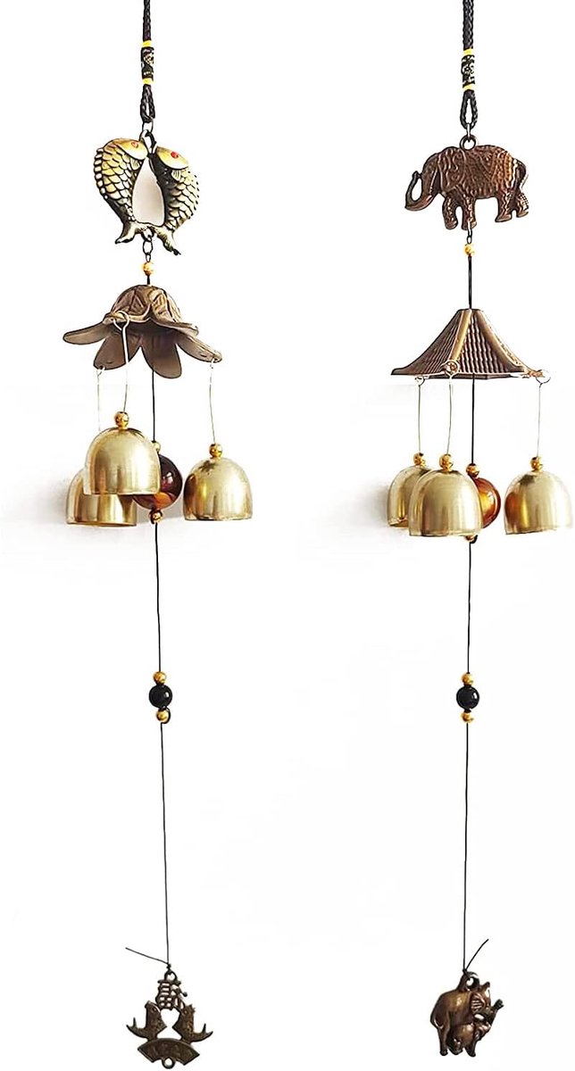 SnelShoppen - 2 Stuks Fengshui Wind Chimes Chinese Wind Chime met Olifant en Vis - Geluksbel voor Tuin, Balkon en Binnen - Duurzaam en Corrosiebestend