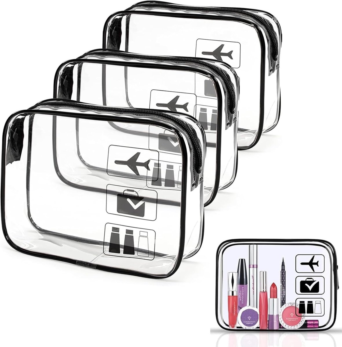 SnelShoppen - Pack van 3 Transparante Toilettassen, Duidelijke Cosmetica Tas, 1 Litre Handbagage Bagage, Voldoet aan Luchthaven Regels voor Mannen en