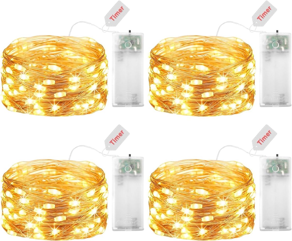 SnelShoppen - LED Fairy Lights, 3m, 30 Warm Witte LEDs, Timer Functie, Batterijgevoed, Set van 4 voor Feesten, Tuin, Camping en Decoratie