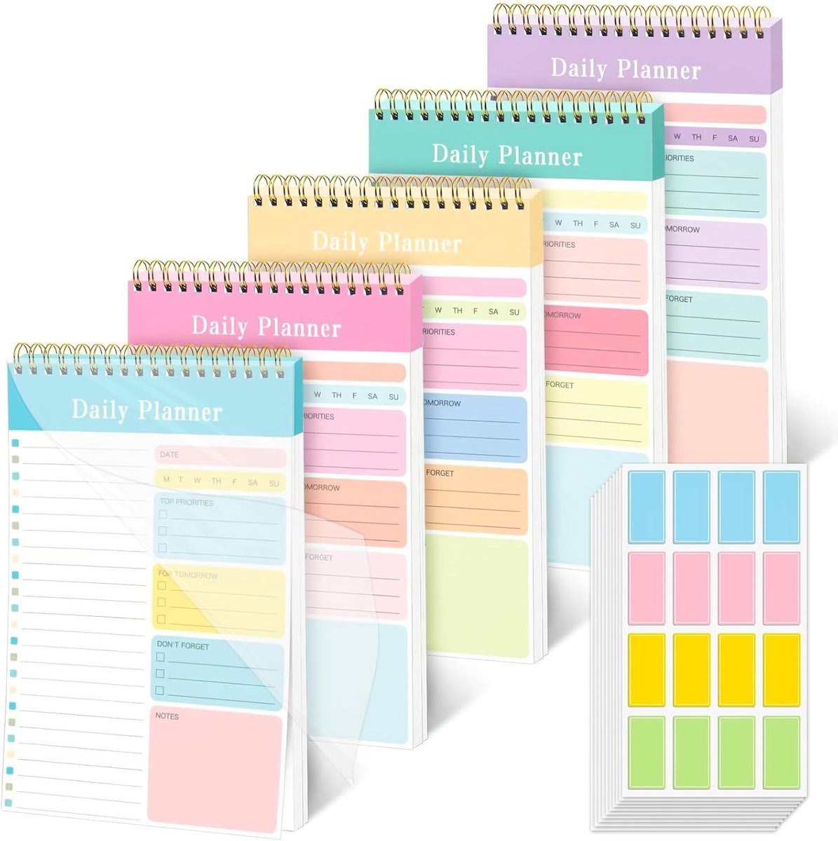Thijox - A5 To-Do Lijstblok met Spiraalbinding, 5 Boeken, 12x20 cm, Dagplanner met 160 Kleurige Etiketten, Scheurbaar en Ideaal voor Studie en Werk