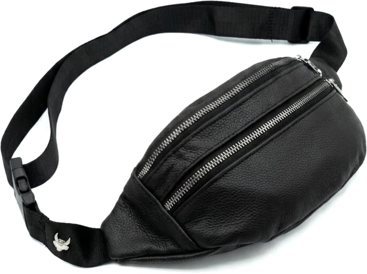 KIMU® Heuptas Zwart Twee Ritsen Echt Leer - Fanny Pack met Voorvak - Zwarte Crossbody Tas Leren Heuptasje Lederen Tasje Festival