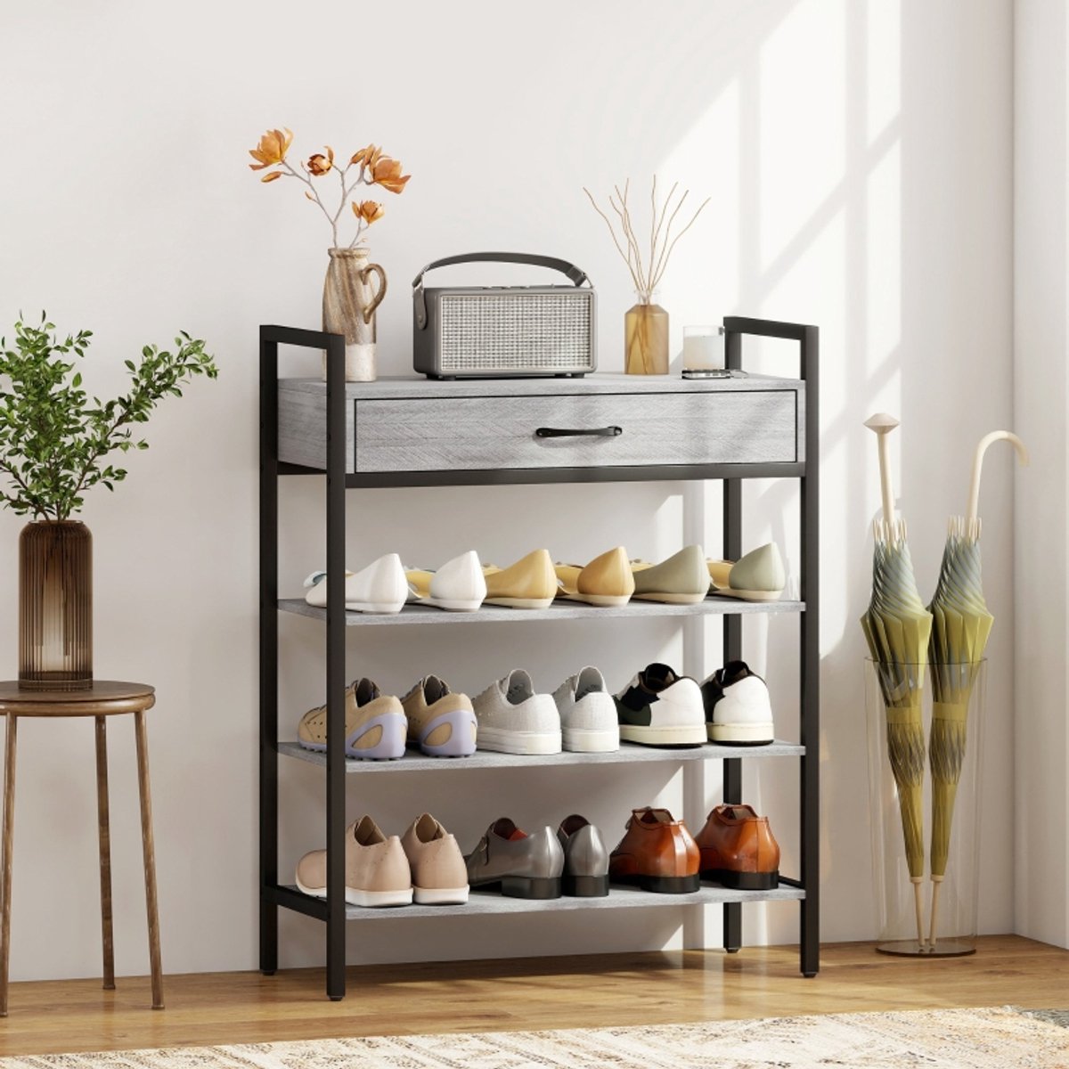Schoenenkast Met Lade – 70 x 30 x 87,6 cm – Spaanplaat En Metaal – Grijs – Staand Rek Voor Maximaal 9 Paar Schoenen