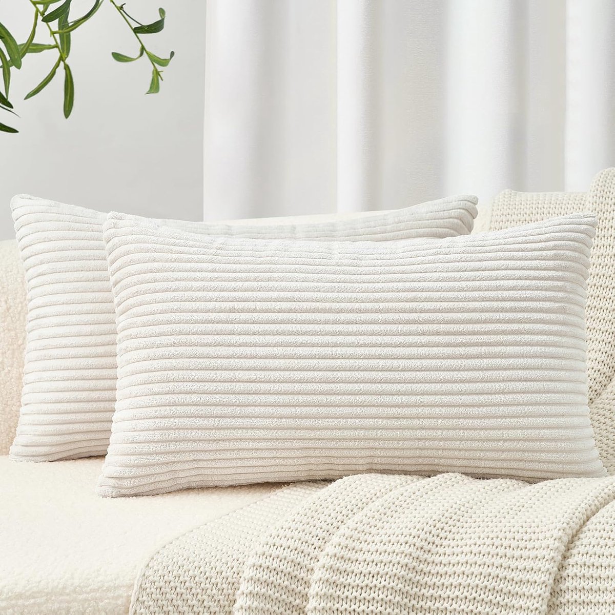 SnelShoppen - Set van 2 Kussenslopen 50x70 cm Crème Kordsamt Gestreept - Zachte Dekokussen Covers voor Woonkamer en Sofa - Kindvriendelijk en Huisdier