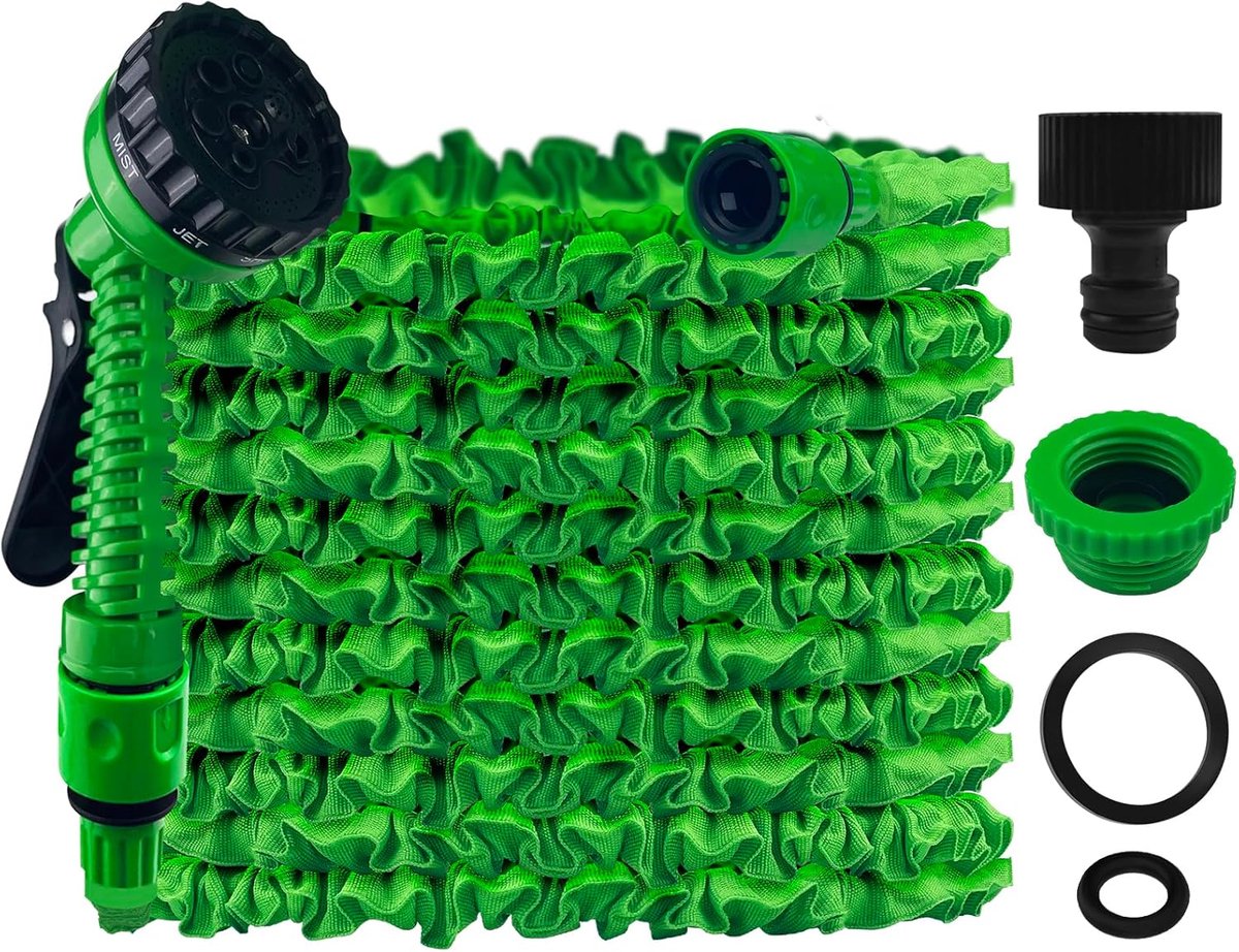 SnelShoppen - Flexibele Tuinslang 15m/50ft - Rekbare Waterdarm met 7 Functies - Tuinslang voor Tuin, Dier, Auto Wassen - Groene Polyester & Latex