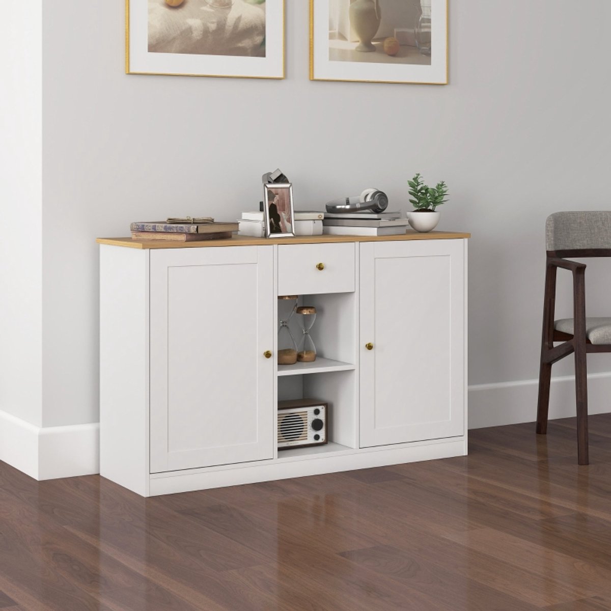 Wishdor - Dressoir - Opbergkast met lade, 2 deuren en open vakken - Scandinavische stijl - Voor woonkamer, hal of keuken - Houtlook - Wit - 120 x 35 x 75,2 cm
