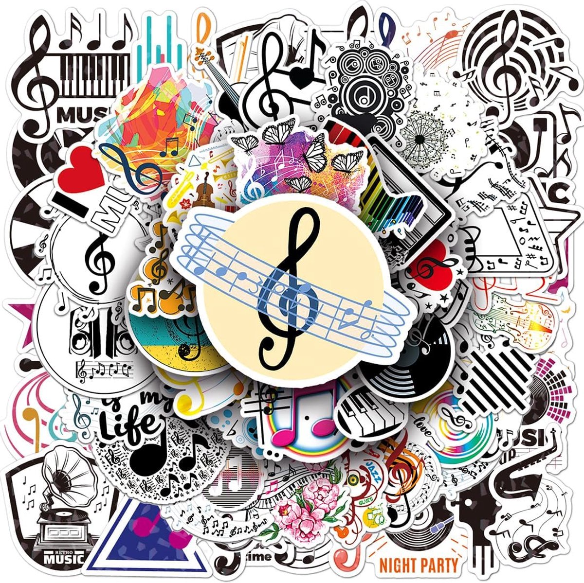 SnelShoppen - 100 Stuks Muziek Stickers voor Kinderen | PVC Graffiti Stickers voor Skateboard, Laptop, Gitaar, Motorfiets, Koffer | Muzikale Decoratie