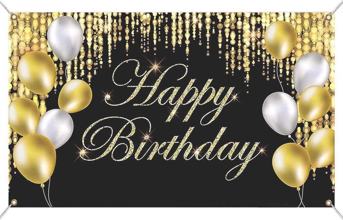 SnelShoppen - Happy Birthday Achtergrond Banner 180x110 cm, Gouden Decoratie voor Fotobooth, Polyester, Feest, Binnen-Buiten, Verjaardag, 1 Stuk