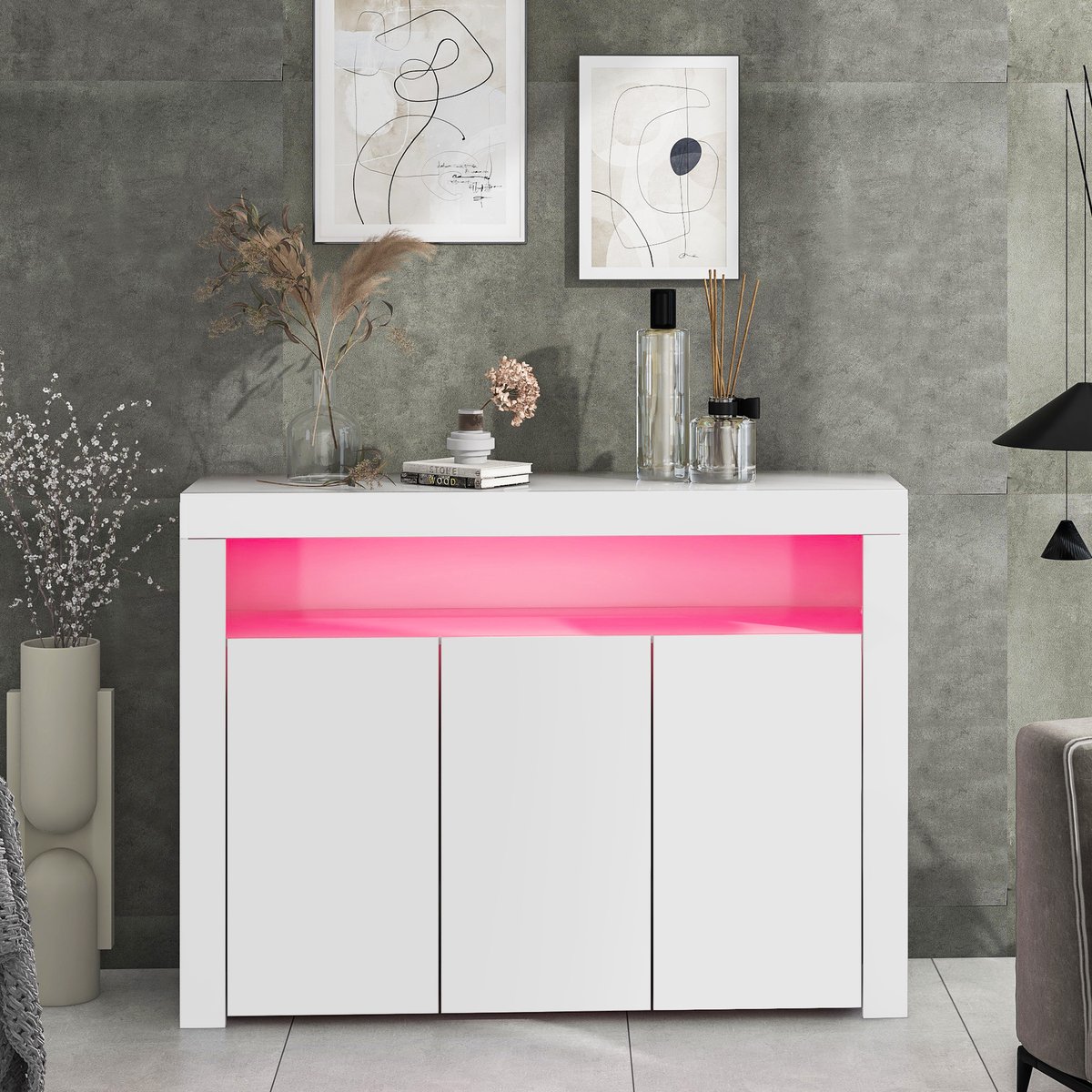 Wishdor - Buffetkast - Hoogglans 3-deurs met LED-verlichting en open vakken - Modern - Voor woonkamer, eetkamer of hal - Houtlook - Wit - 130 x 35 x 95 cm