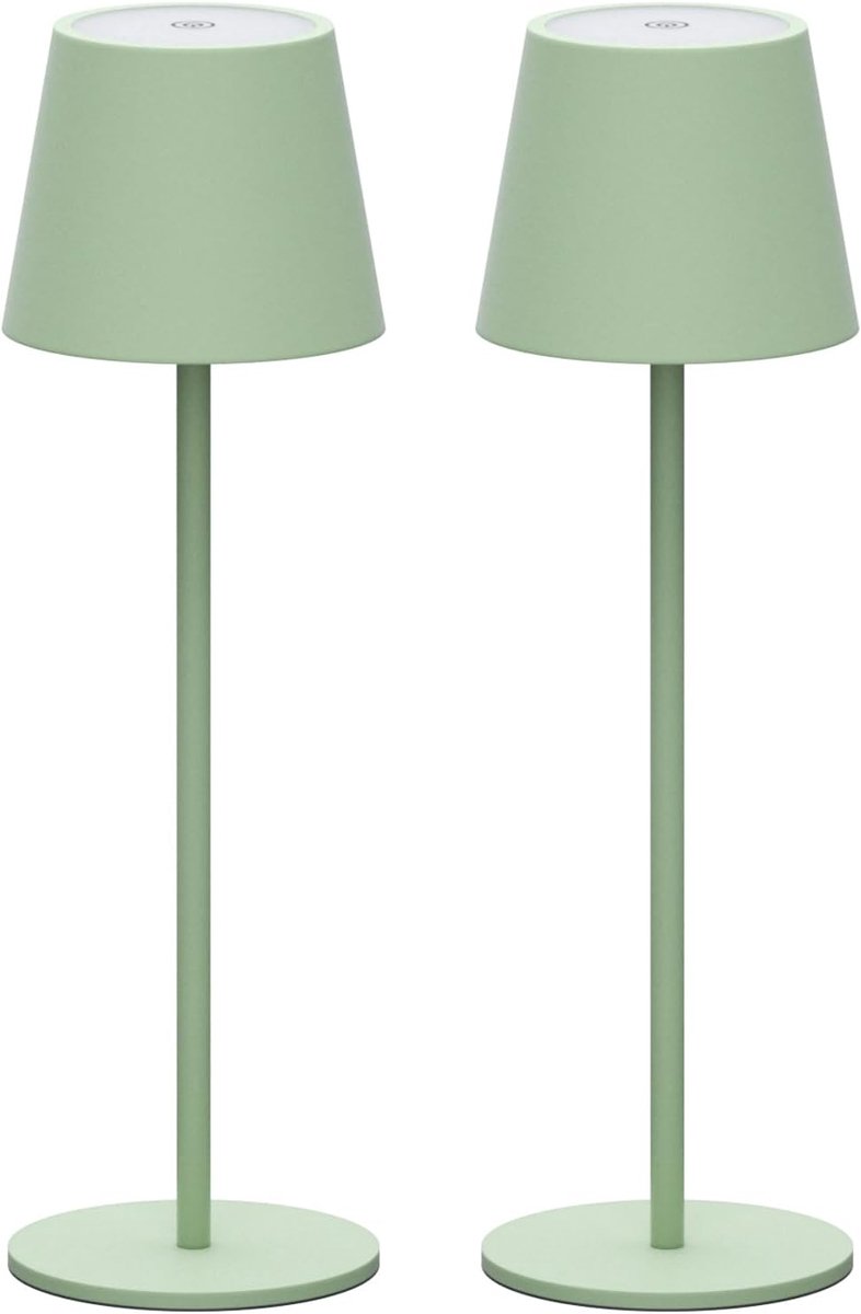 SnelShoppen - Set van 2 Dimbare LED Tafellampen Accu Groen - Draadloos, Oplaadbaar, Warm Licht 3000K - Aluminium, IP54 Waterdicht - Voor Binnen & Buit