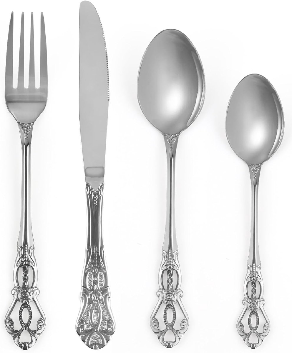 SnelShoppen - Retro Silver Flatware Set voor 6 Personen, 24-delige Stainless Steel Bestekset met Antieke Barokke Snijkanten, Elegant Tafelservice voor