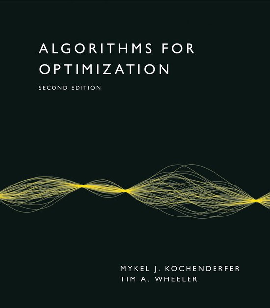 Boekomslag 'Algorithms for Optimization, Second Edition' met gele golvende lijnen op een zwarte achtergrond.