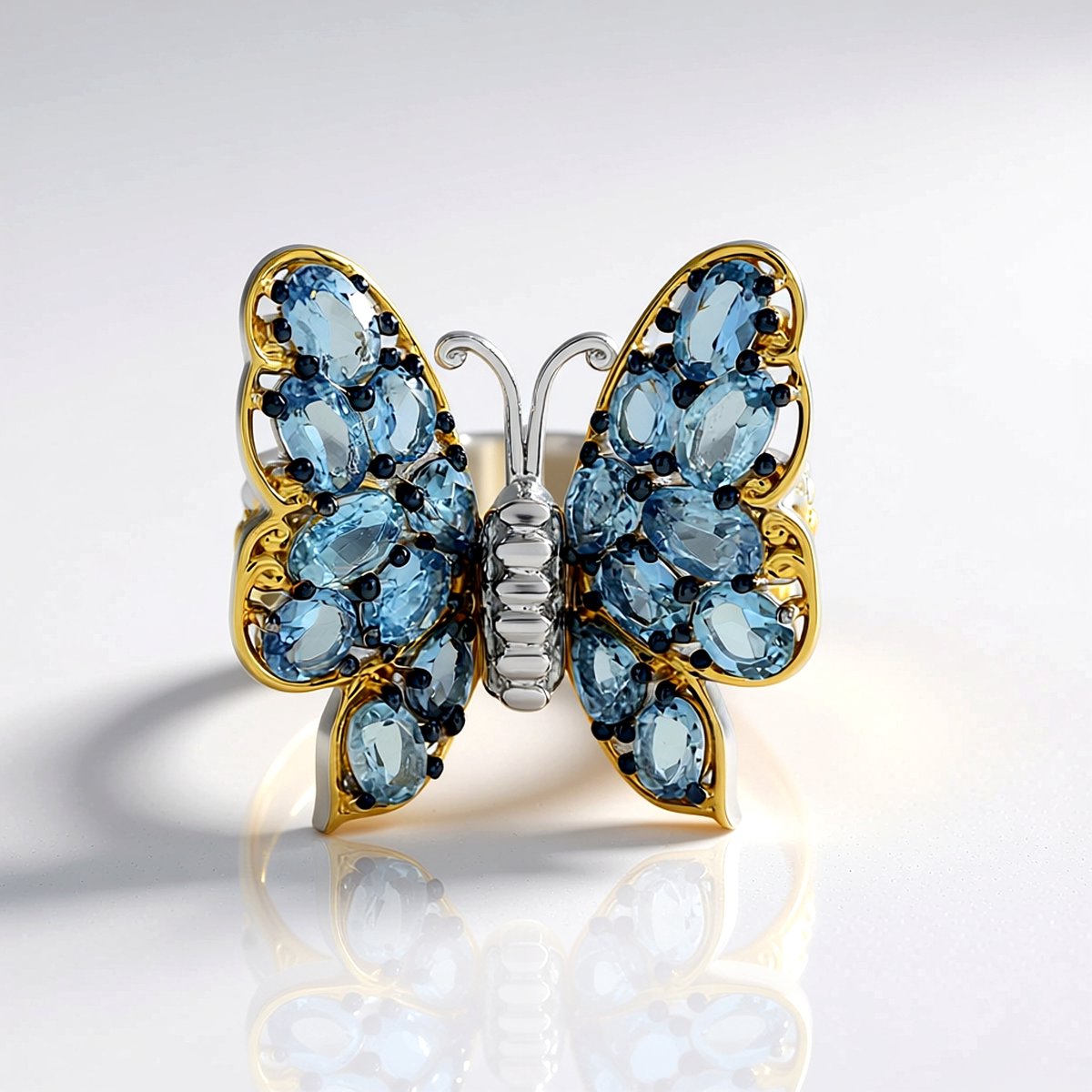 Cavill - Zilveren ring 925 sterling zilver met Tanzaniaanse aquamarijn 2,545 ct - Blauwe edelsteen ring met ovaal en druppelvormig design vlindermodel