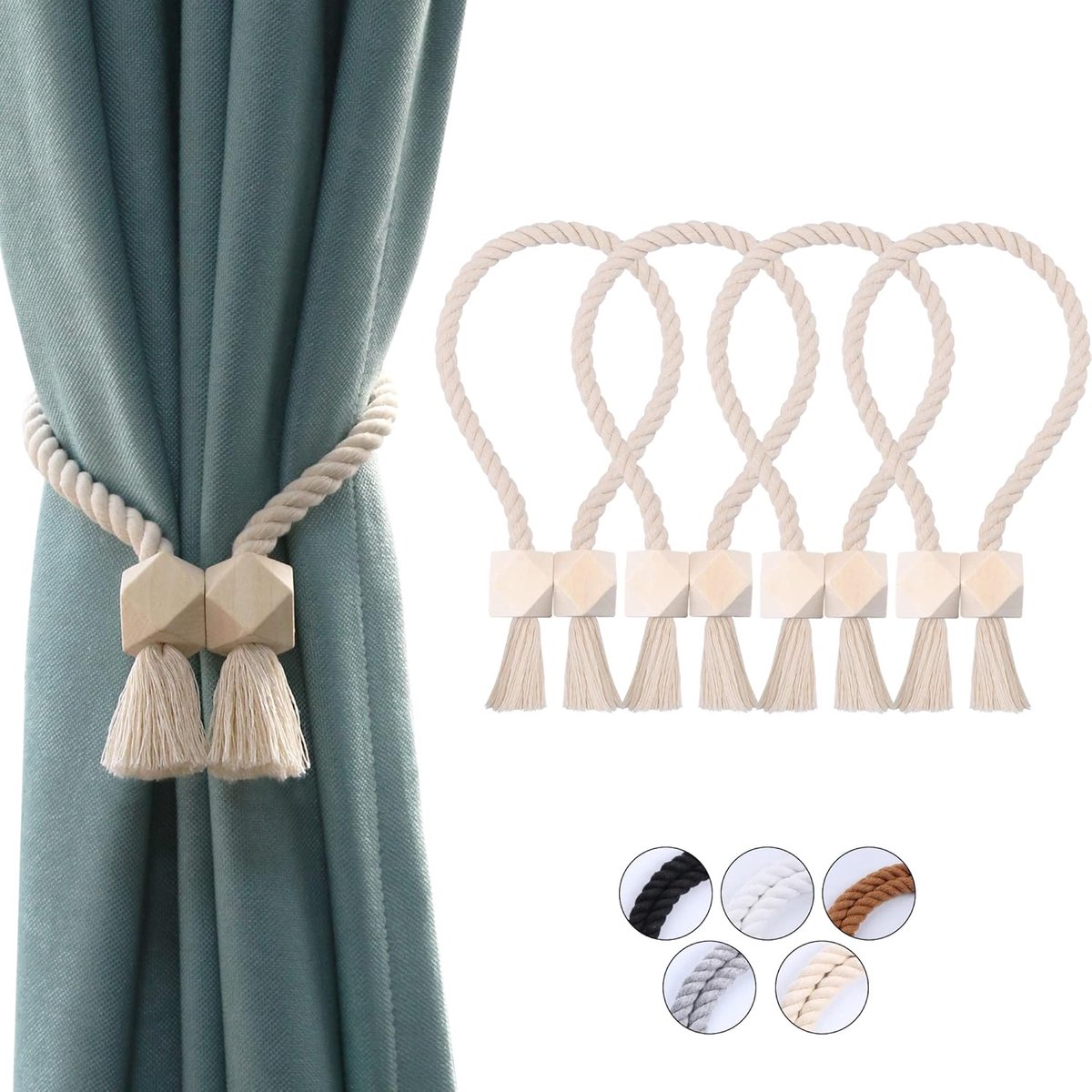 SnelShoppen - Katoenen Magnetische Gordijnhouders met Houten Kralen - Set van 4 Stuks - Beige - Voor Binnen en Buiten - Boho Stijl Gordijnbinders voor