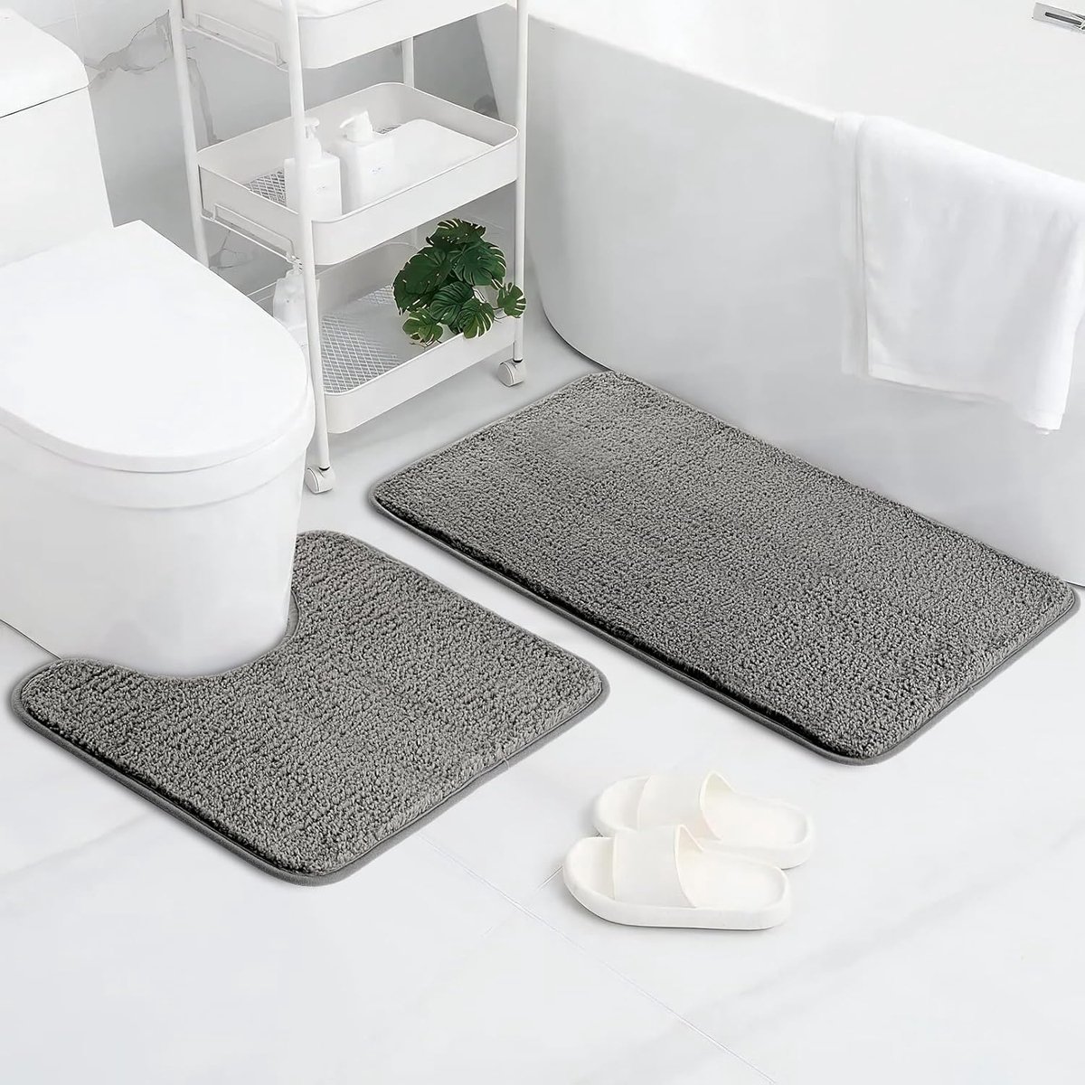SnelShoppen - Set Badkamermatten 2-delig Microvezel Pluizig Shaggy Badmat en Toilettapijt, Antislip, Sneldrogend, Absorberend, Wasbaar, Grijs 50x80 cm