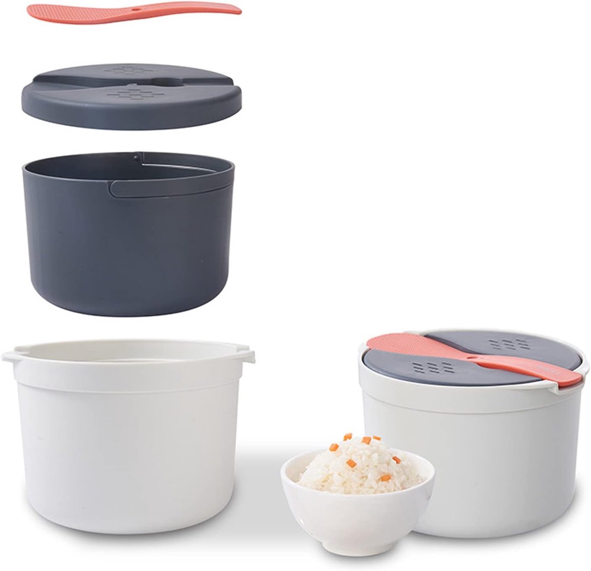 SnelShoppen - Rijstkoker voor Magnetron 2L - BPA-vrij PP Rijstkokerset met Deksel, Rijstlepel, Zeef en Stoompan - Ideaal voor Keuken & Camping