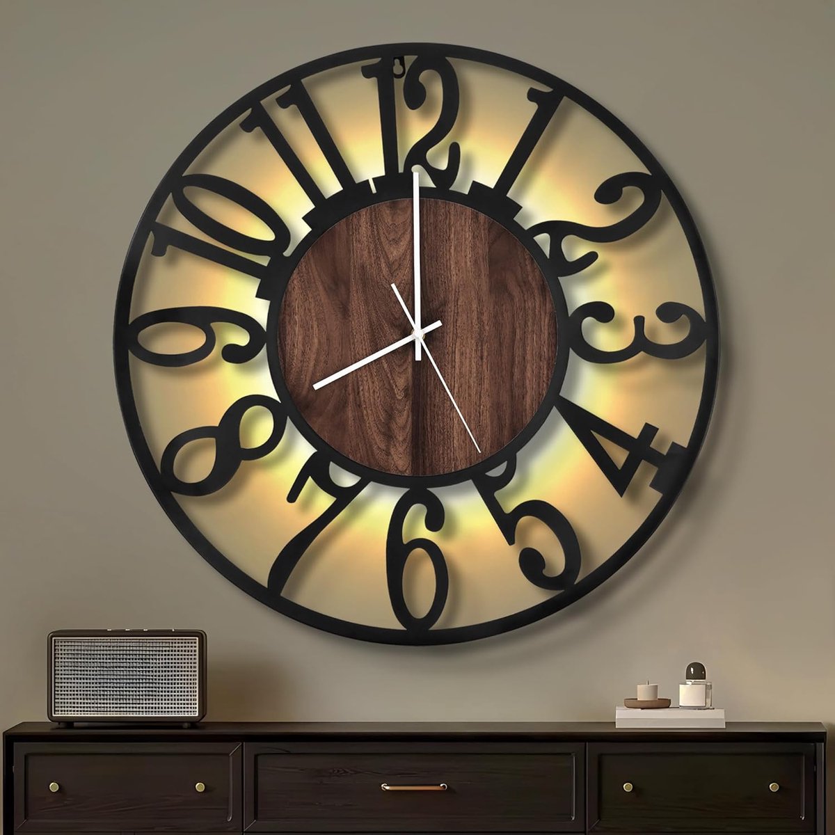 SnelShoppen - Grote Wandklok 60CM op Batterijen, Stil Geen Tikkend Geluid, Hout Metaal Stijl, Moderne LED Klok voor Woonkamer, Slaapkamer, Kantoor, Ar