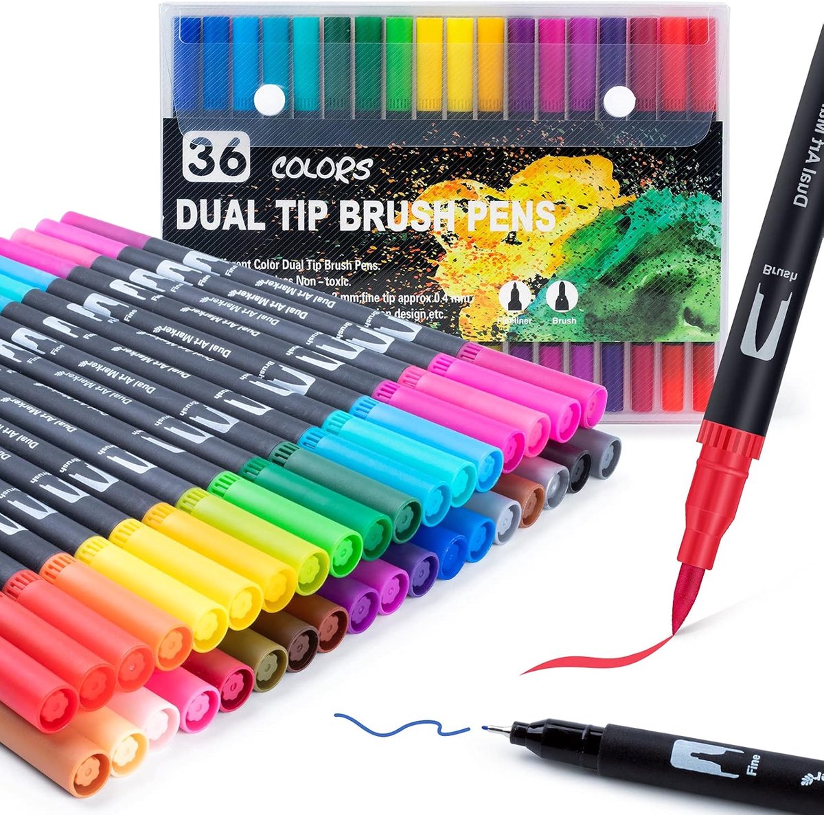 SnelShoppen - Double Tip Brush Pens Set - 36 Kleuren Viltstiften - Kleurpotloden voor Volwassenen - Fineliner en Borstelpunt Marker voor Tekenen, Sche
