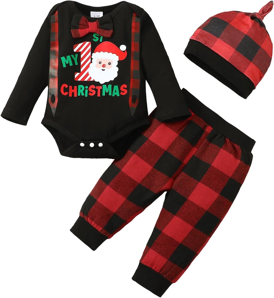 SnelShoppen - Baby jongens My 1st Christmas kerstoutfit set - Rompertje met kerstman-print, rode geruite broek en muts - Zacht katoen, comfortabel voo