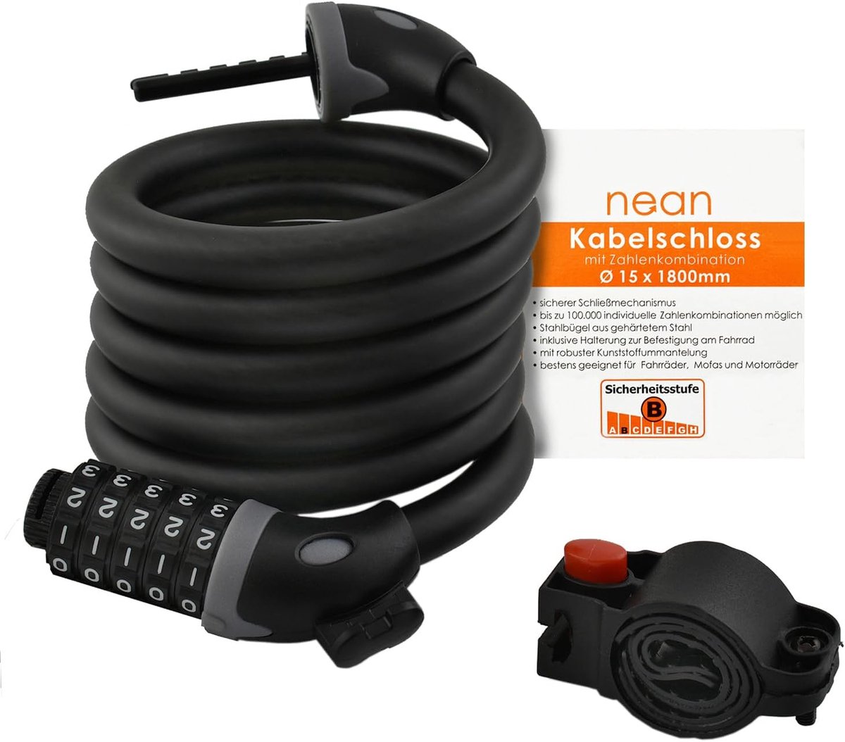 SnelShoppen - Fiets Cijferslot Kabelslot 15x1800mm met Houder, Stalen Kabel, Softtouch Oppervlak, Ideaal voor Fietsbeveiliging, Eenvoudig te Monteren