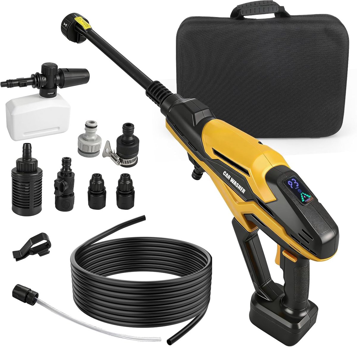SnelShoppen - Accu Hogedrukreiniger 68 Bar Draagbaar met 3 Instelbare standen, 6-in-1 Sproeikop, Ideaal voor Auto, Tuin en Camping - Geel