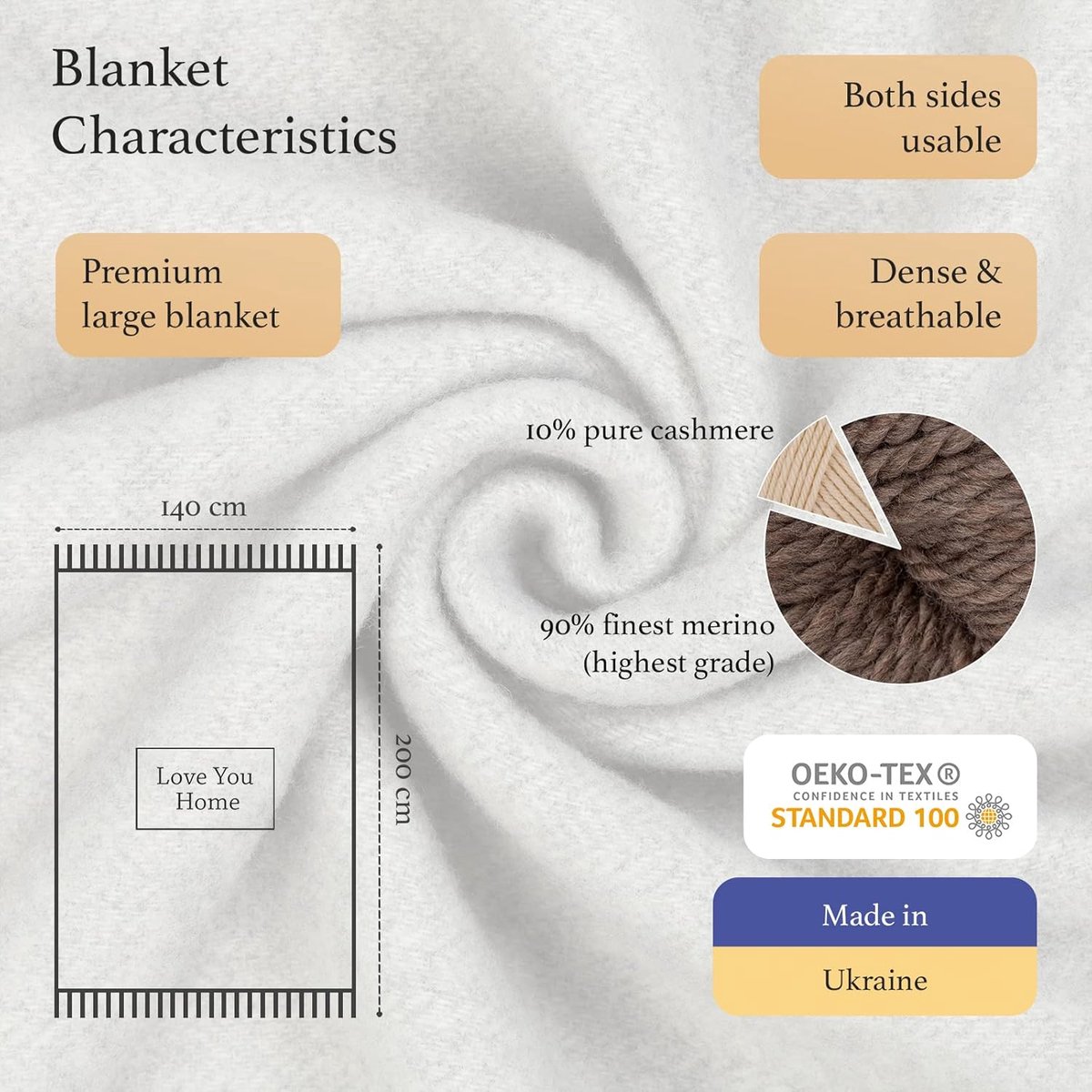 SnelShoppen - LYHome Kasjmier Deken Merino Wol - Zachte Blanket 140x200 cm - Warme Plaid voor Bank en Bed - Grijs met Wit Visgraat - Perfect voor Thui
