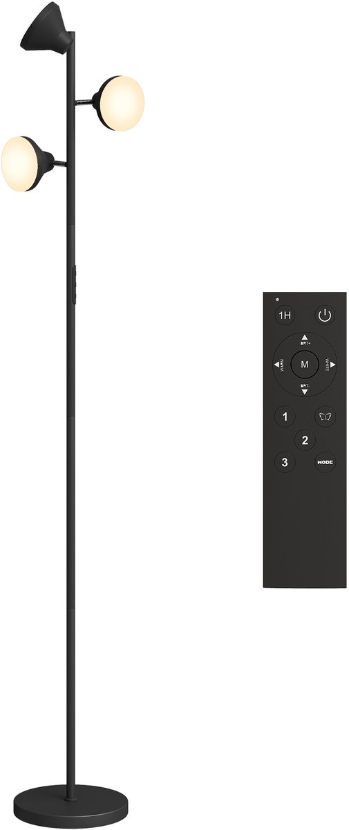 TEKROA® Vloerlamp met 3 Verstelbare Koppen - Staande Lamp met Afstandsbediening & Timer - RGB, Dimbaar - Staal/Kunststof - 170cm - Zwart