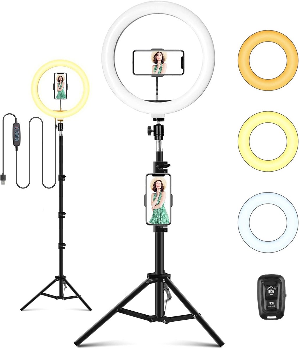 SnelShoppen - Led-ringlicht met statief 25,4 cm, 3 lichtmodi, 11 helderheidsniveaus, USB-aangedreven voor make-up, live streaming, selfie, videochat