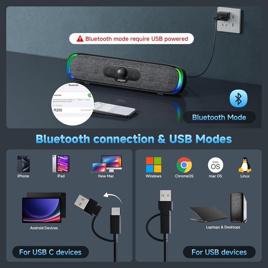 SnelShoppen - USB C Bluetooth RGB Soundbar Luidspreker voor PC, Laptop, Monitor - Compacte Computerluidspreker met 3 LED Lichteffecten voor Gaming en van Snelshoppen — afbeelding 2